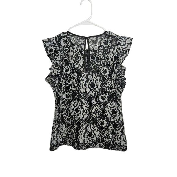 WHBM Lace High Neck Top Womens Flutter Sleeve Black/White Size 4 Small - Picture 2 of 7